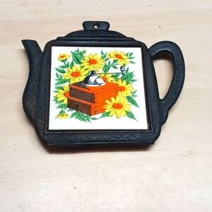Vintage (70's) Black Cast Iron Trivet With Flowers &  Pepper Mill  Ceramic Tile